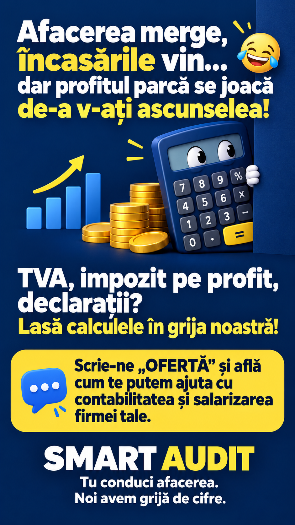 Banner Smart Audit cu un calculator animat care se ascunde lângă un grafic în creștere și monede de aur
