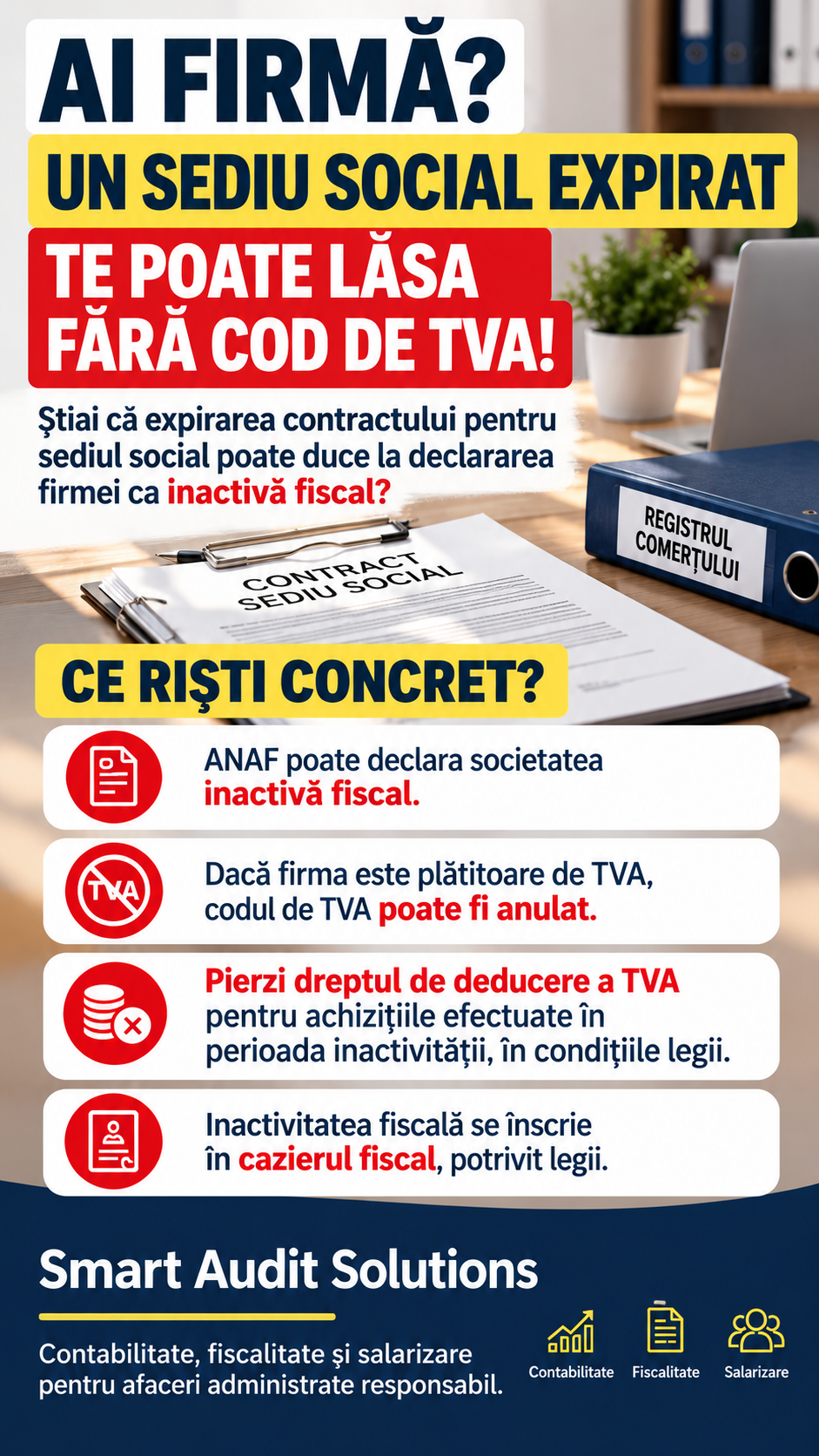 Infografic despre riscurile unui sediu social expirat pentru firmă: inactivitate fiscală și anularea codului de TVA